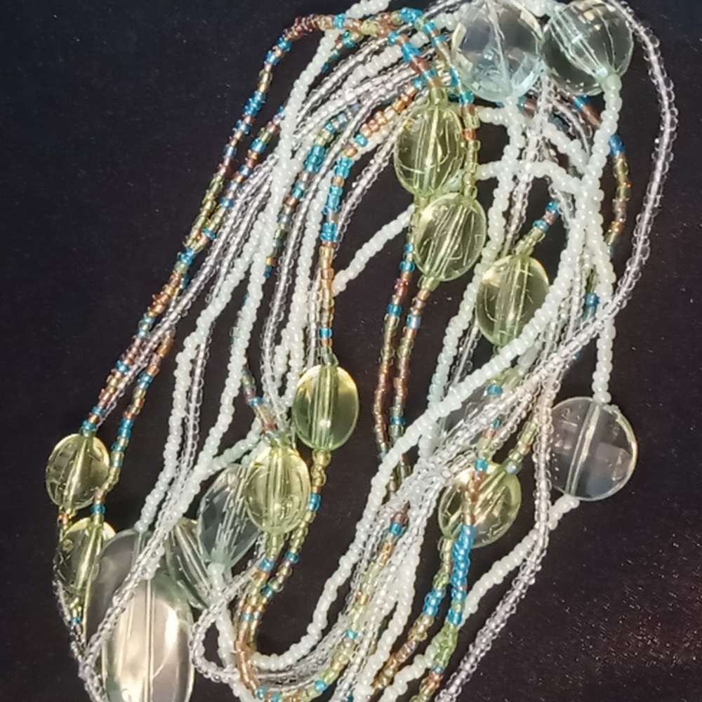Long seed bead layered necklace greens blues. 40 in. Long